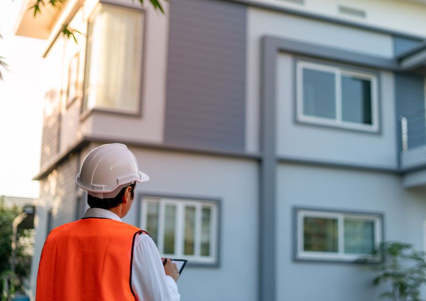 property inspector in orange vest and white hard hat looking at a homes exterior